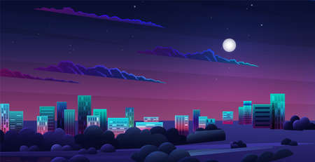 Cityscape with houses and buildings surrounded by trees. Night scene of landscape with nature and architecture. City streets with houses at night. Downtown with residential buildings and greenのイラスト素材