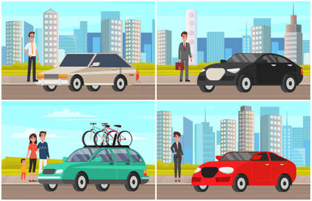 Women and man of different generations next to their personal transport. Stages of development of lady, adolescence, maturity, old age. Elderly, adult and young people standing near automobiles, carsのイラスト素材