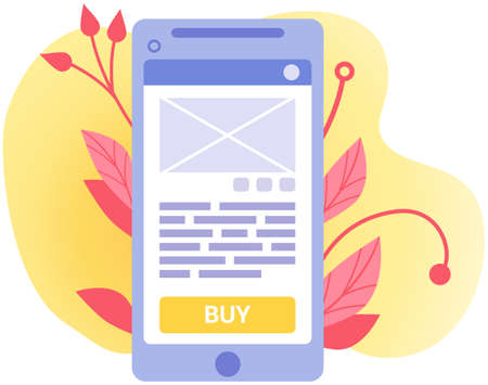 Online market in smartphone, shopping application with buy button. Phone with program for purchases...