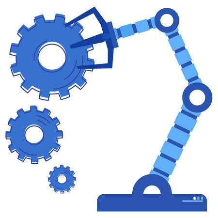Industrial automated arm for conveyor. Production machine for factory automation, conveyor assembly, mechanical industrial automate. Robotic arm picks up gear. Technical production equipmentのイラスト素材