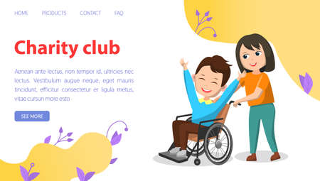Modern disability people support in wheel chair landing page template, teenage volunteers. Children charity club, boy and girl happy kids. Schoolboy sitting in wheelchair, invalid rehabilitationのイラスト素材