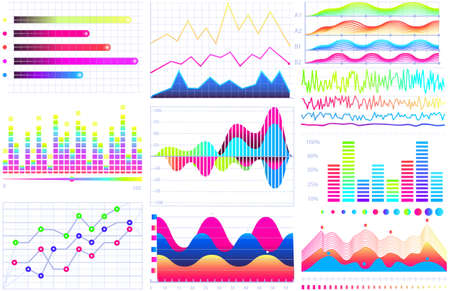 Intelligent technology hud interactive panel. Data screen with charts, diagrams. Futuristic ui infographics on white background. Diagram lines color chart, graph presentation. Annual financial reportのイラスト素材