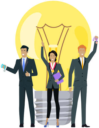 Happy business team celebrating success. Victory in business competition, successful strategy. Teamwork with creation of idea, planning new project. Business winners on light bulb backgroundのイラスト素材
