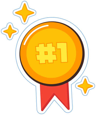Prize for winner of competition. Gold medal for first place. Award, winning prize icon. Stick, symbol of victory for mobile app, banner. Gold medal sticker with red ribbon vector illustrationのイラスト素材