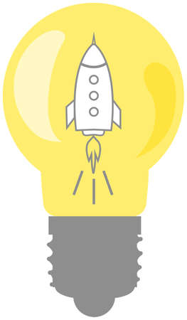 Rocket ship in flat style. Space travel, rocket launch. Project start up and development process. Innovation product, creative idea. Spaceship in light bulb. Business idea planning for successのイラスト素材
