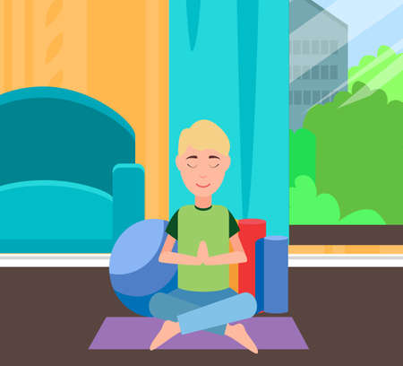 Yogi sits in lotus position and meditates. Meditation, spiritual practice, health care concept. Young man resting and doing yoga. Guy doing breathing exercises. Morning yoga, relaxation at homeのイラスト素材