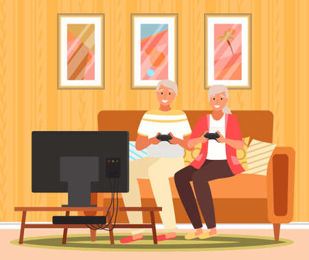 Old grandparents spend time with video games. Seniors with gamepads play on console. Elderly people have modern lifestyle with technology. Retired couple holding controllers and playing video gameのイラスト素材