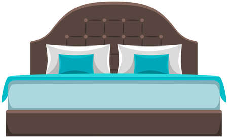 Double wooden bed in flat design for bedroom, hotel room. Cartoon furniture icon isolated on white background. Animated house equipment. Bedroom interior element. Bed with sheet, pillows and blanketのイラスト素材