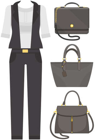 Set of trendy women s clothes. Outfit of woman jacket, blouse, pants and accessories handbags isolated on white. Women s wardrobe. Ladieswear black and mono style, business suit and set of bagsのイラスト素材