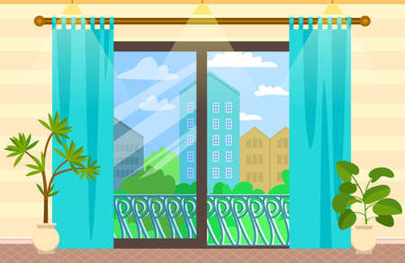 Design of modern living or hotel room. Home with comfortable furniture, panoramic window with view on buildings in city. Empty area for recreation, cozy hotel room interiorのイラスト素材