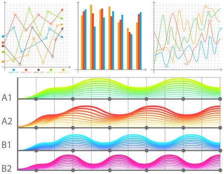 Intelligent technology hud interactive panel. Data screen with charts, diagrams. Futuristic ui infographics on white background. Diagram lines color chart, graph presentation. Annual financial reportのイラスト素材