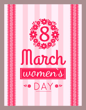 Banner for International Womens Day. Flyer for March 8 with decor and different fonts. Template of spring holiday greeting card. Number 8 with ribbon text and decorations on pink backgroundのイラスト素材