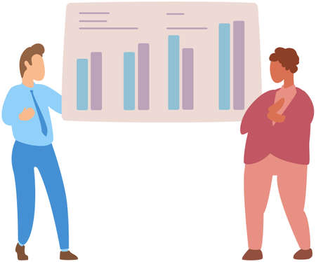 Manager makes presentation of statistical report analysis charts. Planning business. Teamwork consulting for project management, financial reporting and strategy. Data analysis research statisticsのイラスト素材