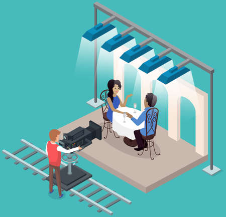 Process of filming in pavilion with actors and staff. Shooting scene of happy couple on date for movie. Working in film studio. People play role and work on set. Romantic movie in restaurantのイラスト素材