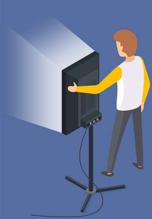 Lighting specialist installs softbox to diffuse light. Technician works with softbox, spotlight on set. Professional equipment for shooting in studio. Photo session or movie creation processのイラスト素材