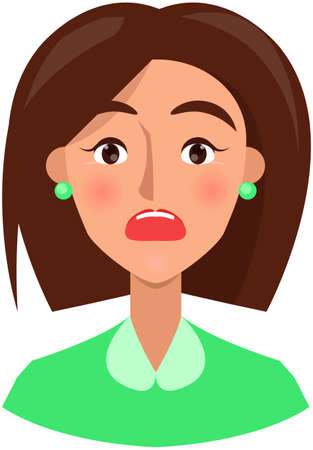 Surprised face expression of young woman. Girl with emotion of amazement. Attractive face of female character. Afraid scared lady isolated on white background. Expressing human emotion conceptのイラスト素材