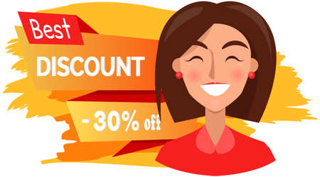 Sale banner with woman portrait near advertising poster. Shopping time promotional style. Female character rejoices in discounts and big sale in store. Positive lady with emotion of happiness, joyのイラスト素材