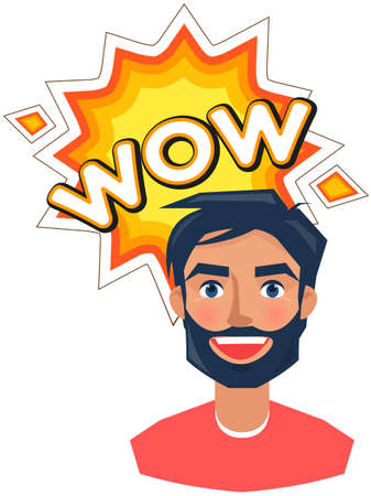 Person near word text on talk shape. Guy says wow. Surprised, shocked man talks. Communication, conversation, astonishment concept. Sticker, colloquial speech bubble above head of male characterのイラスト素材