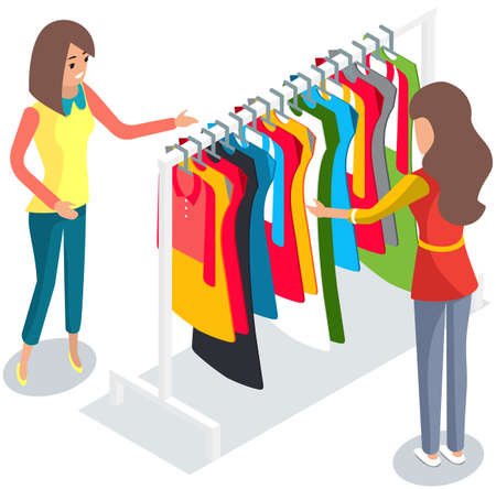 Girl choosing clothes for trousers and shirts fluttered on hangers, elements of wardrobe in store. Woman standing in front of hangers and choosing outfit. Fashion, clothes store, shopping concept.のイラスト素材