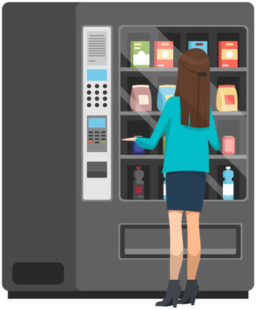 Woman using vending machine with snacks isolated on white background. Female character buying food and drinks in modern device. Lady standing next to food vending machine and chooses snack or sodaのイラスト素材