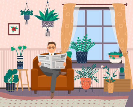 Serious man sits in chair and reads newspaper. Rest and relax of successful person in cozy room. Adult businessman in armchair with newspaper. Interior design of modern living room of house or hotelのイラスト素材