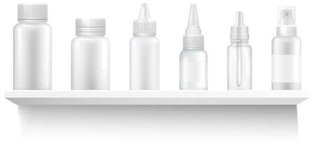 Cosmetic bottles on shelf. Beauty products empty packaging. Blank containers for liquid lotions and shampoos, moisturizers on white background. Medicine blank bottle for pills on pharmacy shop shelvesのイラスト素材