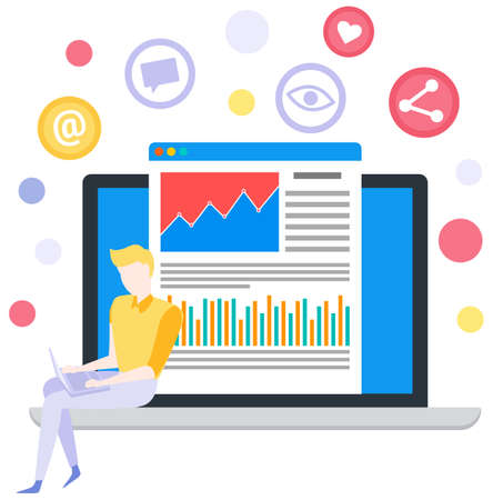 Male analyst analysing diagrams and bar chart on poster. Growth arrow and graphs with data on table. Marketing research results presentation. Manager checks statistical indicators, business statisticsのイラスト素材