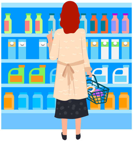 Supermarket, grocery store with food on shelves. Sale, discounts in food store. Shop in mall for selling groceries. People make purchases, choose goods, buy products in supermarket vector illustrationのイラスト素材