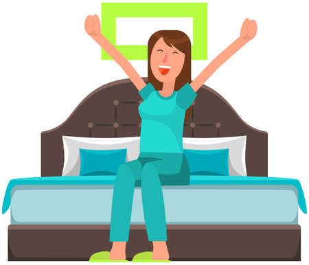 Young woman in bed after sleeping pulls her hands up and opens mouth. Girl stretching after sleep in bedroom. Cheerfully lady in morning. Female character yawns and wakes up in room of her houseのイラスト素材