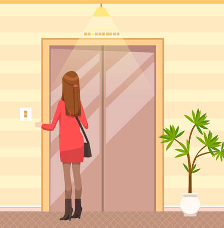 Lady waiting for elevator with iron doors. Female passengers standing next to door of lift in hotel. Metal lift for transporting people between floors of building. Girl presses elevator call buttonのイラスト素材