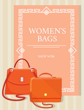 Sale poster with womens bag. Discount, special offers promotion, shopping advertisement. Hand drawn style vector design illustration shop now concept, orange color marketing advertising templateのイラスト素材