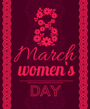 Banner for International Womens Day. Flyer for March 8 with decor and different fonts. Template of spring holiday greeting card. Number 8 with ribbon text and decorations on pink backgroundのイラスト素材