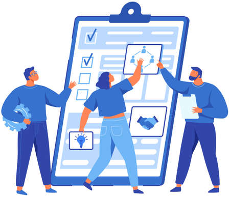 People looking at checklist with results of social surveys, customer data. Employees working with task done and check mark ticks on paper sheet. Characters check correctness of document on clipboardのイラスト素材