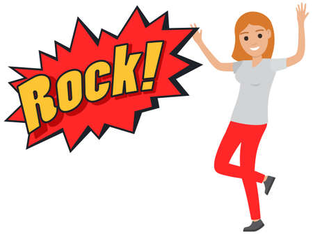 Inscription rock on background of explosion. Music style sticker, bang with text. Girl dancing and rejoicing, rock fan having fun. Happy woman moves to rhythm of music. Party time, recreation, danceのイラスト素材