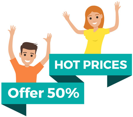 Sale banner with man and woman dancing near advertising poster. Shopping time promotional style. People rejoice in discounts and big sale in store. Positive characters with emotion of happiness, joyのイラスト素材