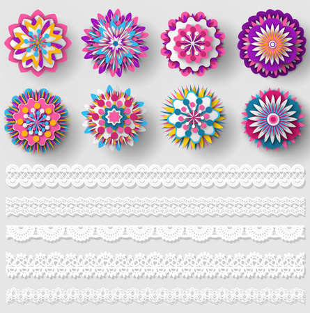 Set of different lace ribbons and colorful ornament samples. Creative design elements isolated on white background. Seamless pattern for creating style, decor. Lace decoration template, printのイラスト素材