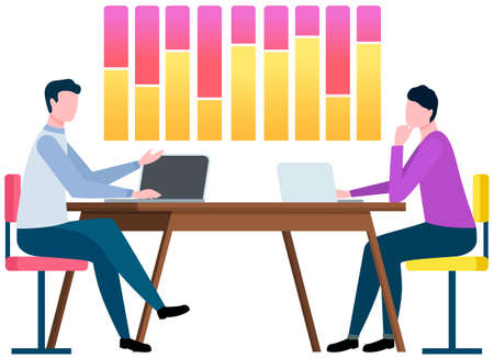 Analytics information and development statistics. Dashboard seo optimization, digital info. Presenters show statistical indicators and data on diagram. Colleagues giving presentation of reportのイラスト素材