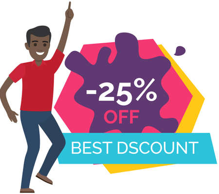 Sale banner with man dancing near advertising poster. Shopping time promotional style. Lady rejoices in premium quality and best offer in store. Male character in dance next to sale advertisementのイラスト素材