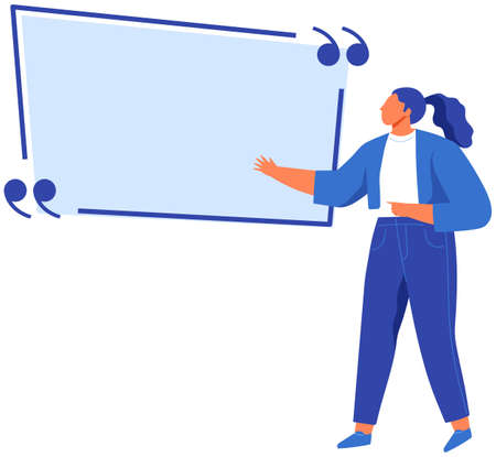 Woman points to huge speech bubble vector illustration. Communication, dialogue, conversation symbol. Free talk, colloquial speech concept. Lady says phrase, saying. Bubble for text with conversationのイラスト素材