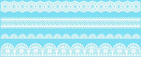 Set of wide lace ribbons with print. White design elements isolated on blue background. Seamless pattern for creating style of card with ornaments. Lace decoration template, ribbons for designのイラスト素材