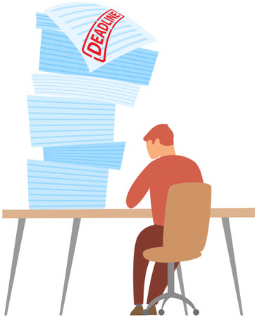 Man delays work deadline concept. Planning, punctuality, time management. Male character looking at document, does not have time to decide in time. Punctual businessman be late, hourly workのイラスト素材