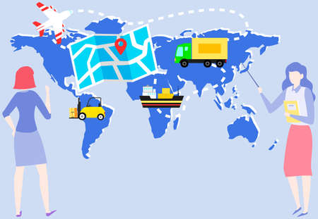 International postal mail delivery service concept. Women studying destination map. Ladies work together with world map for worldwide delivery. Employees planning route of shipping, transportationのイラスト素材