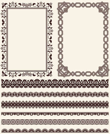 Set of wide lace ribbons and frames with ornament. Black design elements isolated in retro style. Pattern for creating vintage style, decor design. Lace decoration template, frameworksのイラスト素材