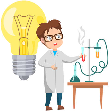 Scientist conducting research near light bulb. Chemical or medical experiment. Man works with substances in test tubes. Coupling reagents for chemical reaction. Laboratory research with flasksのイラスト素材