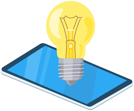 Tablet with light bulb on screen. Modern device with touchpad, touchscreen display. Light bulb as symbol of new idea. Creative project with technology. Lighting device above tablet vector illustrationのイラスト素材