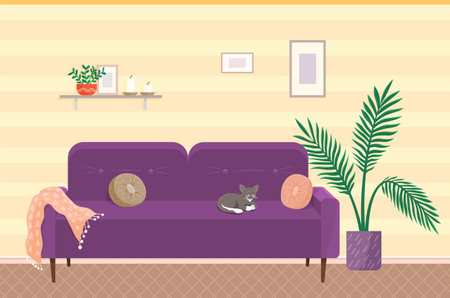 Modern living room interior design. Cozy room with sofa, decor accessories. Planning and arrangement of furniture in room for rest. Sofa place to relax. Contemporary furniture living room, home officeのイラスト素材
