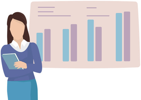 Woman looking at statistics diagram. Businesswoman analysing report with statistical indicators. Girl examines results of analysis. Personal investment, finance, funding, capital accumulation conceptのイラスト素材
