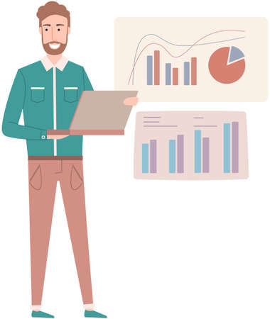 Man standing next to flipchart with diagram. Presentation board with statistical data. Business report showroom with poster and lecturer. Businessman demonstrates results of statistical researchのイラスト素材