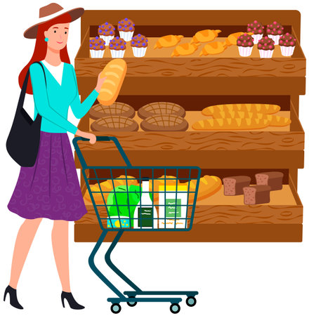Woman with shopping cart in supermarket. Lady during shopping, customer in mall, retail store. Girl chooses pastries, bread at grocery store. Female character looking at bakery in hypermarketのイラスト素材