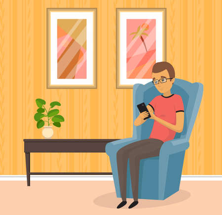 Relaxing man sits in cozy armchair with smartphone. Guy making purchases in online shop, rest indoors searching information in internet. Person browsing social media on mobile phone at homeのイラスト素材